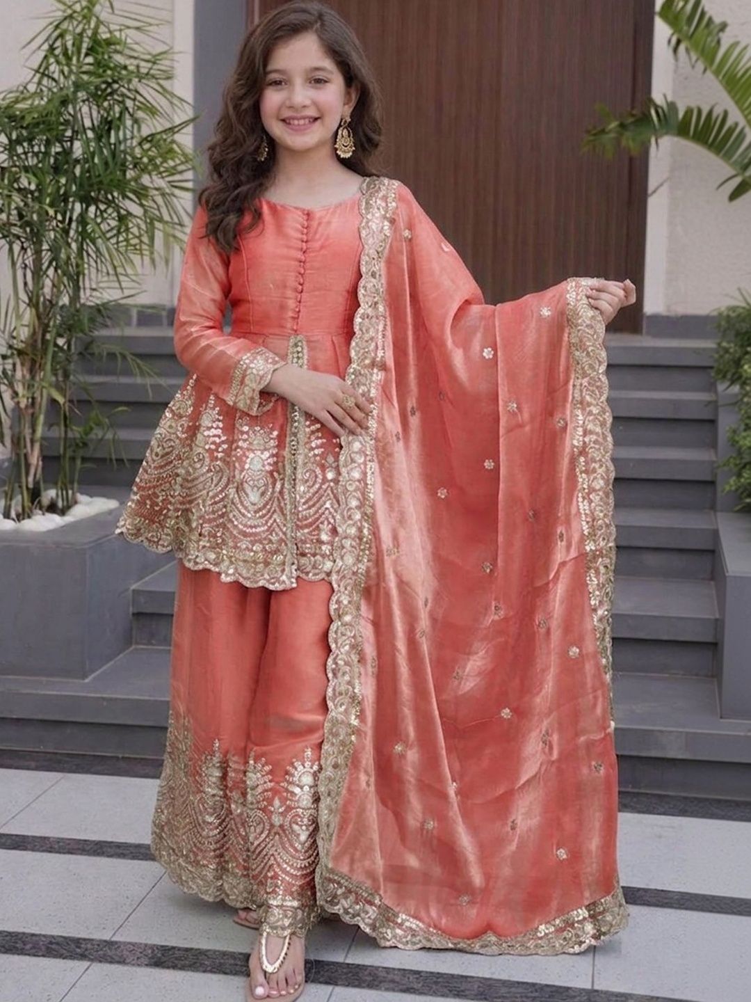 KALINI Girls Ethnic Motifs Embroidered Empire Kurta with Sharara & With Dupatta-picture-13