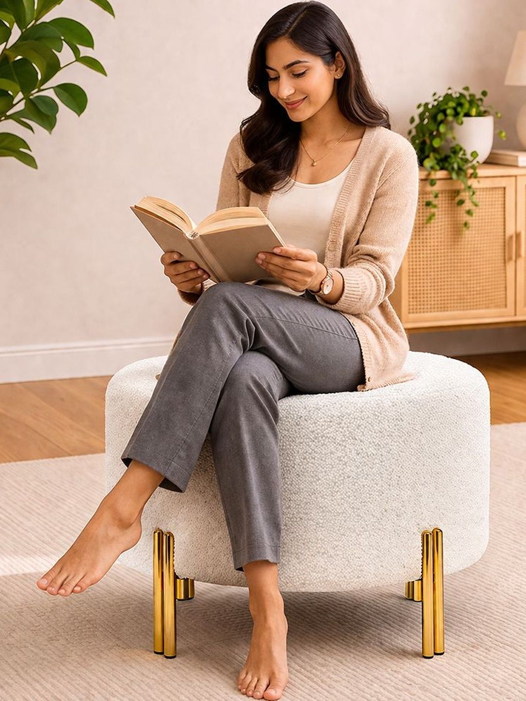 DOE BUCK White Round Ottomans With Dual Rod Legs-image-49