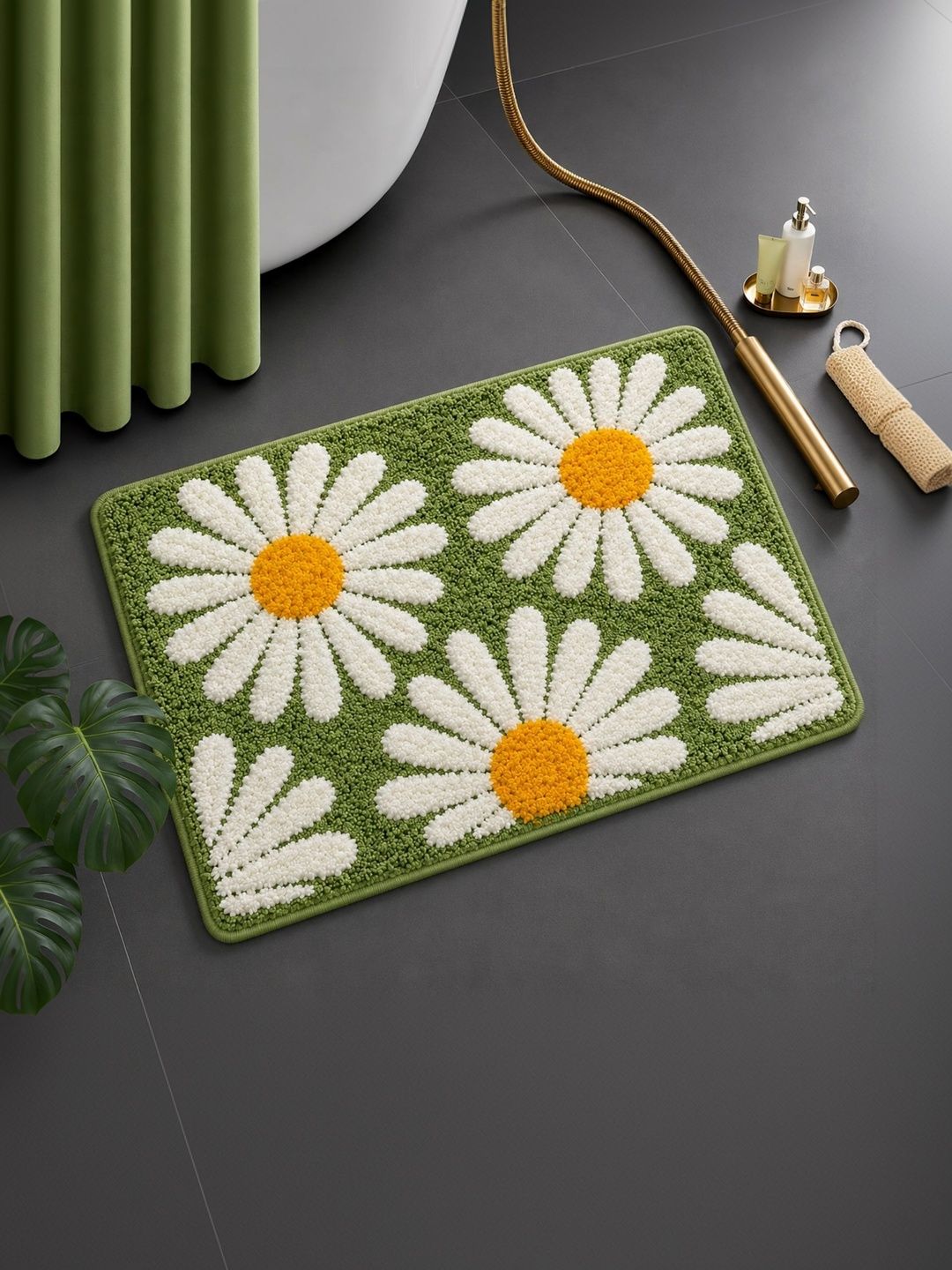 DECOVIA Green & White Sun Flower Pattern 2000 GSM Anti-Skid Bath Rug-picture-30