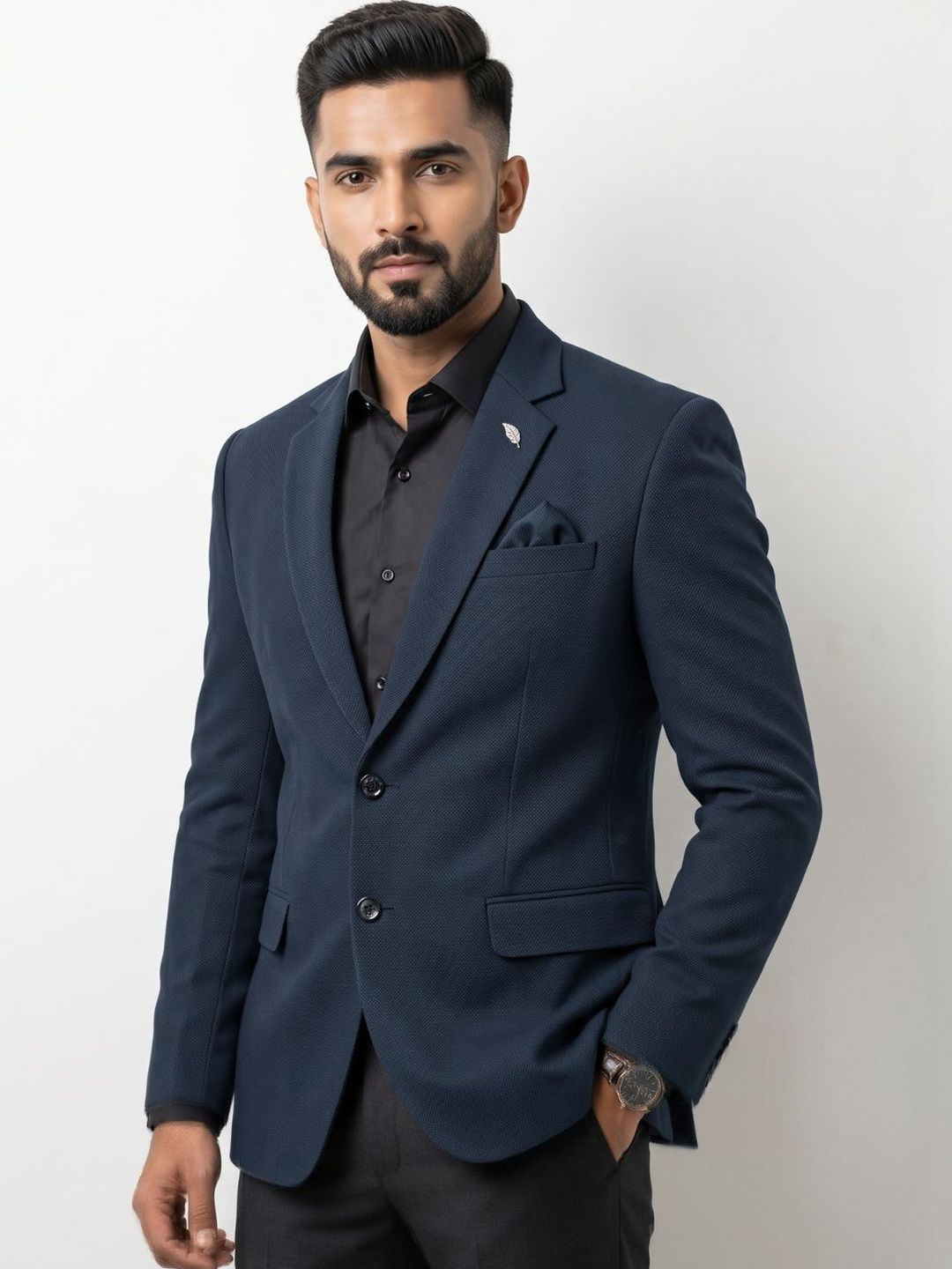 TRIANGLE Self Design Notched Lapel Single-Breasted Tailored Fit Formal Blazers-picture-56