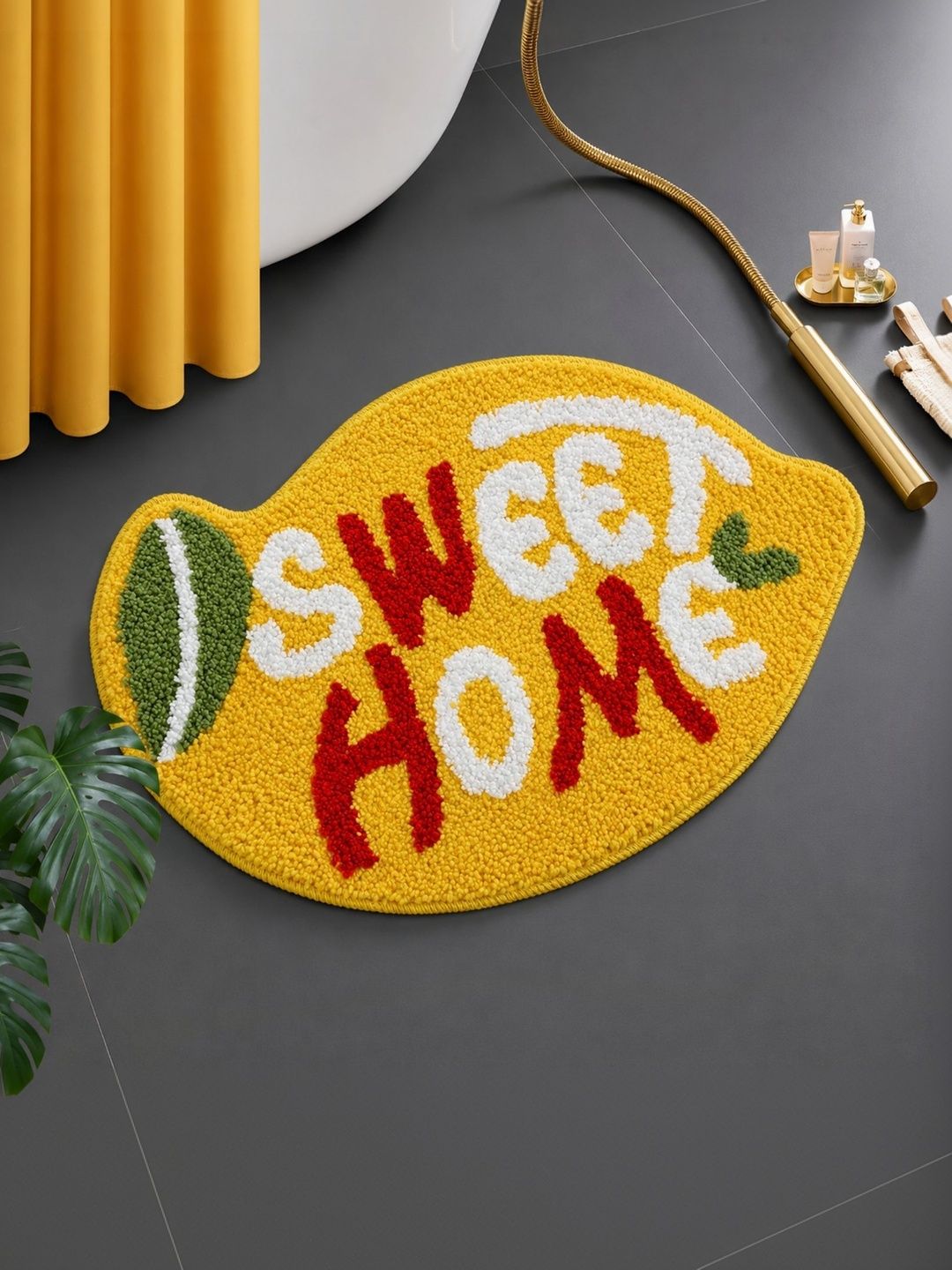 DECOVIA Yellow & White Sweet Home Leaf Pattern 2000 GSM Anti-Skid Bath Rug-image-22