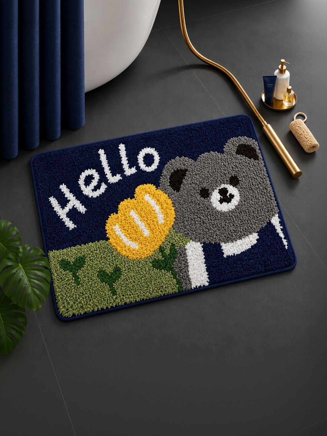 DECOVIA Yellow & Grey Panda Pattern 2000 GSM Anti-Skid Bath Rug-image-38