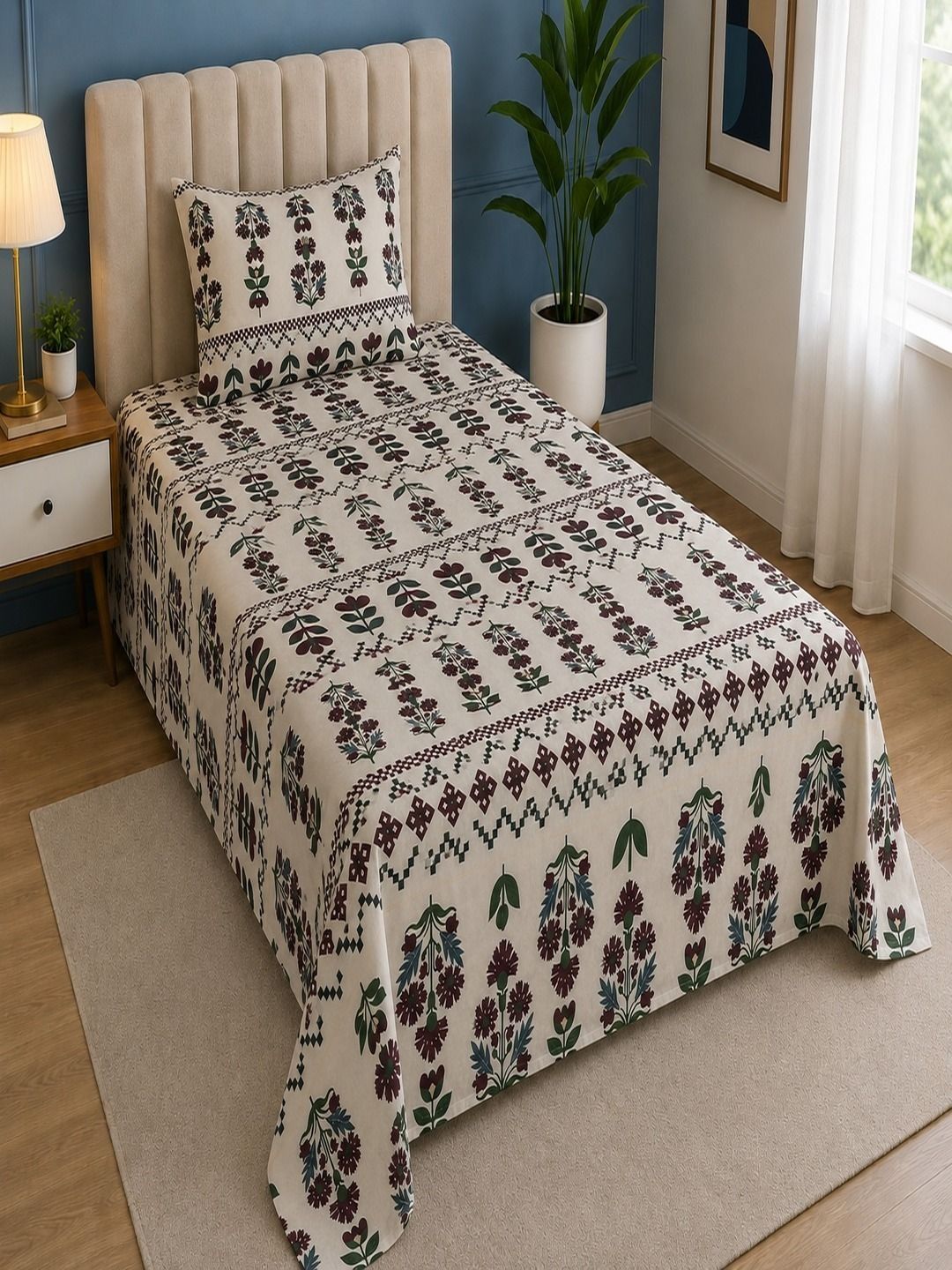 RRC Maroon & White Floral 144 TC Single Bedsheet with 1 Pillow Covers-image-30