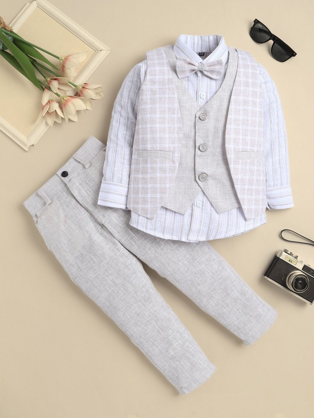 Sangria Infant Boys Geometric Woven Pattern 3 Piece Suits With Bowtie-image-49