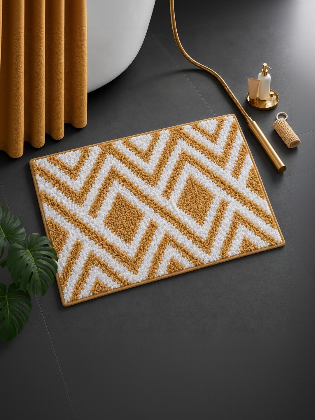 DECOVIA Beige & White Zig Zag Pattern 2000 GSM Anti-Skid Bath Rug-image-47