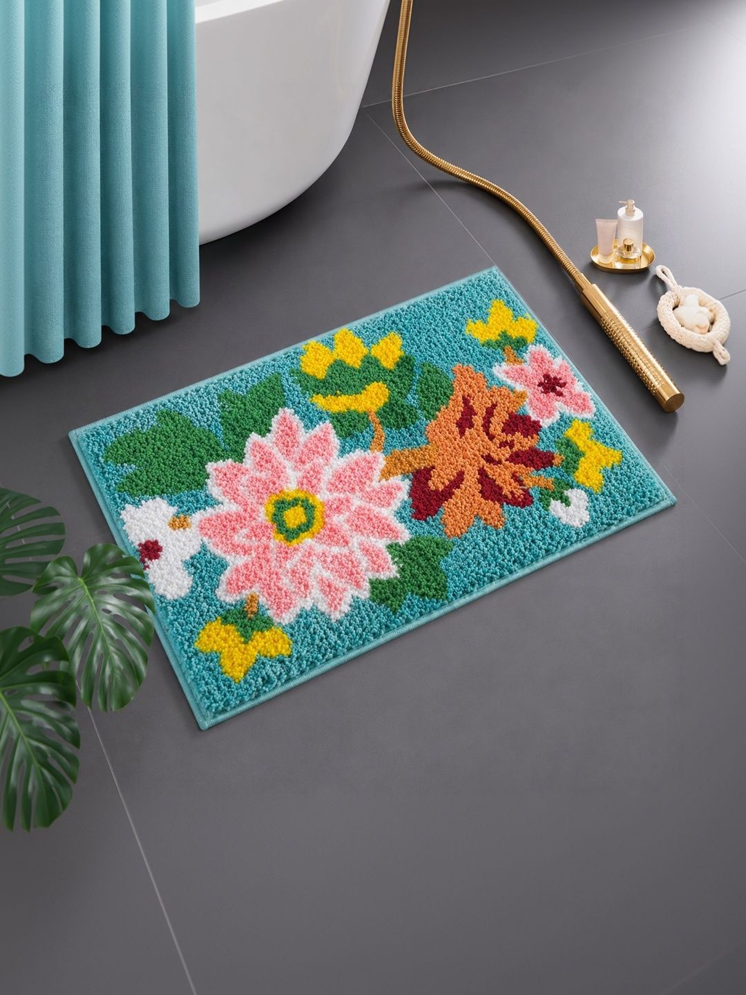 DECOVIA Green & Pink Flowers Pattern 2000 GSM Anti-Skid Bath Rug-image-4