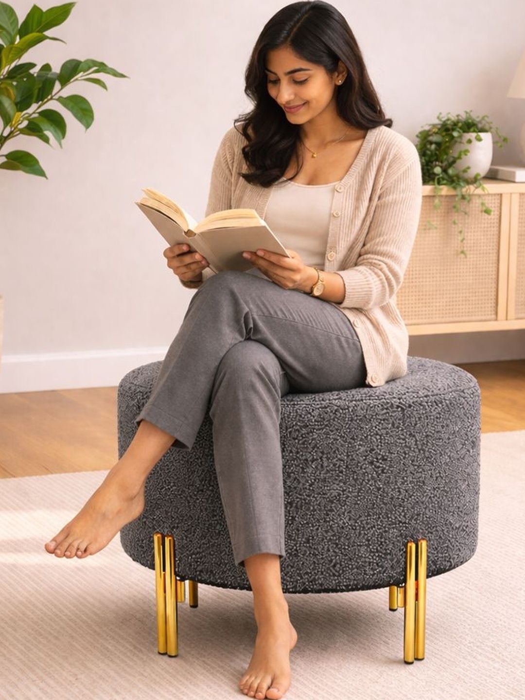 DOE BUCK Grey Round Ottomans With Dual Rod Legs-image-48