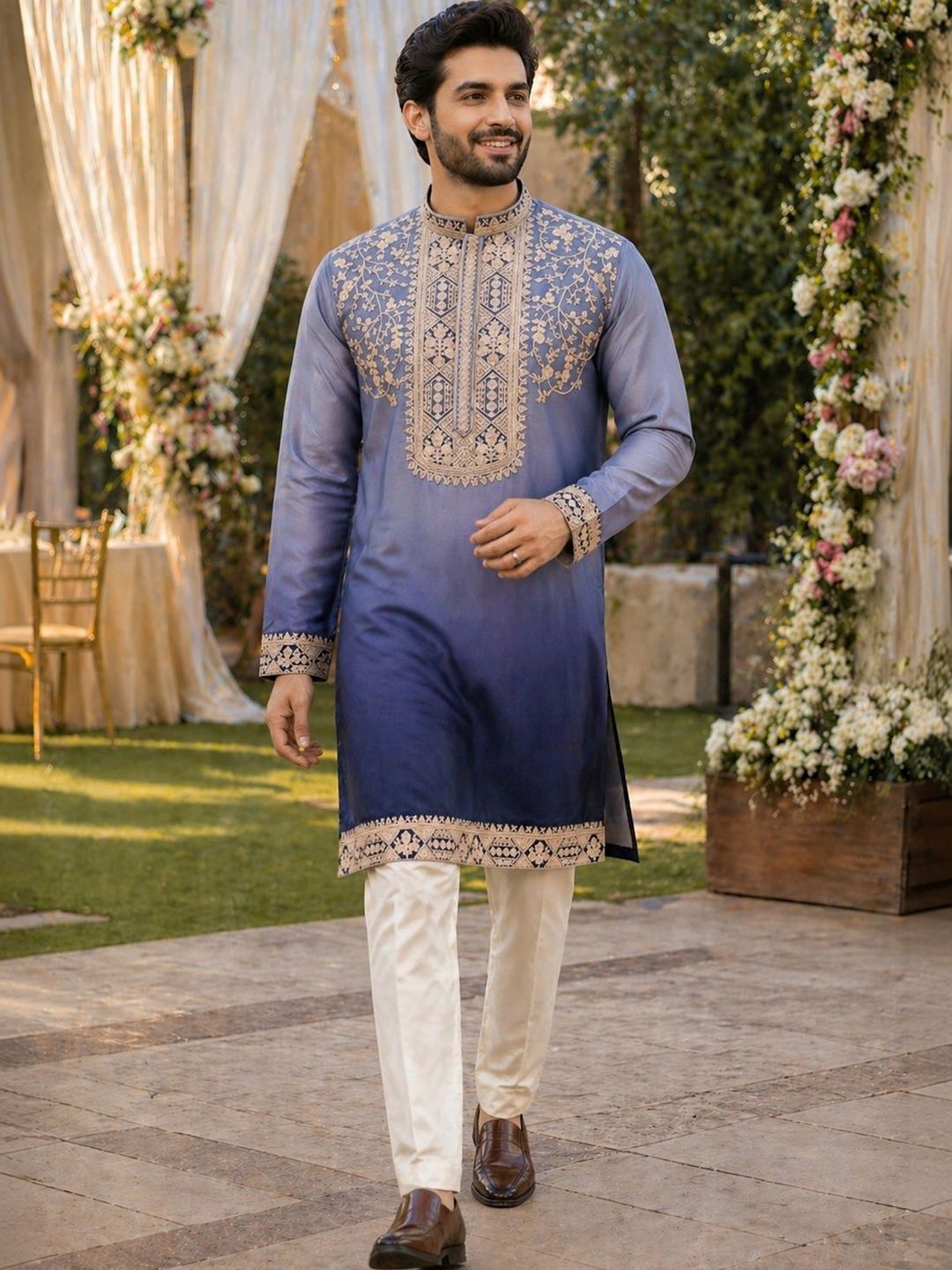 House of Pataudi Dusty Blue with Antique Gold Ombre Embroidered Festive Straight Kurta-picture-7