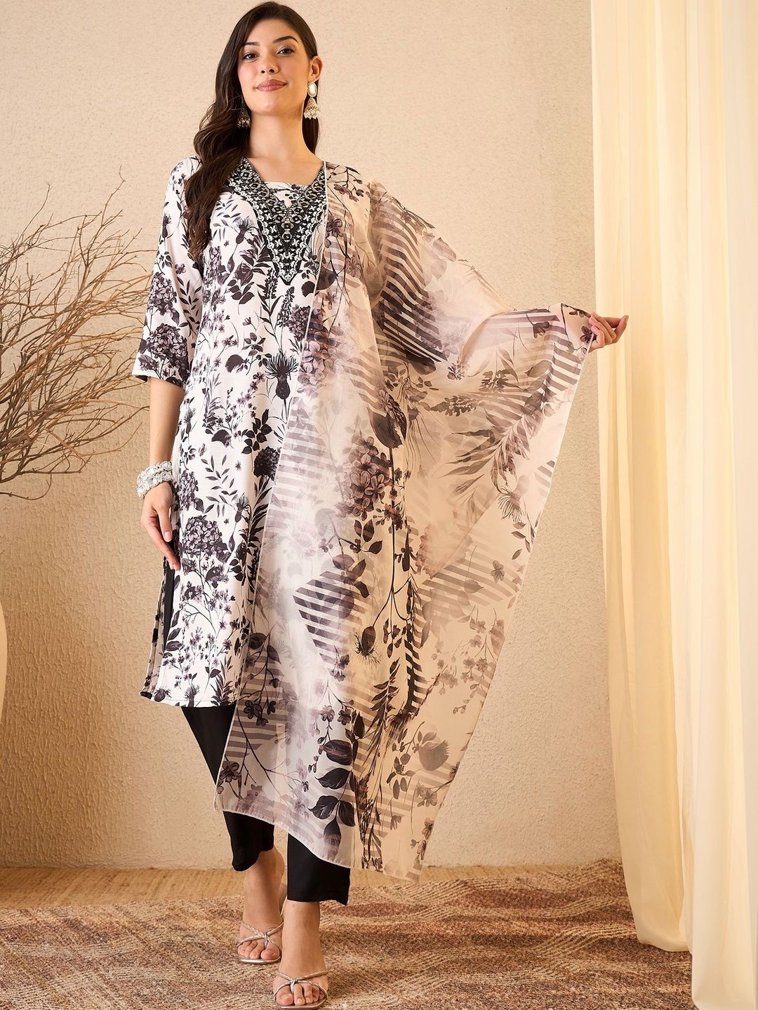 Royal Export Women Floral Printed Regular Thread Work Kurta with Trousers & With Dupatta-picture-16