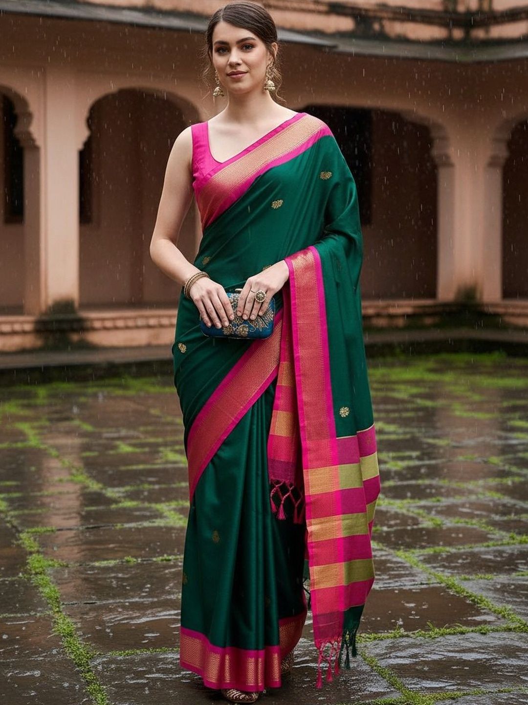 A S CREATION Ethnic Motifs Woven Design Zari Pure Cotton Kanjeevaram Saree