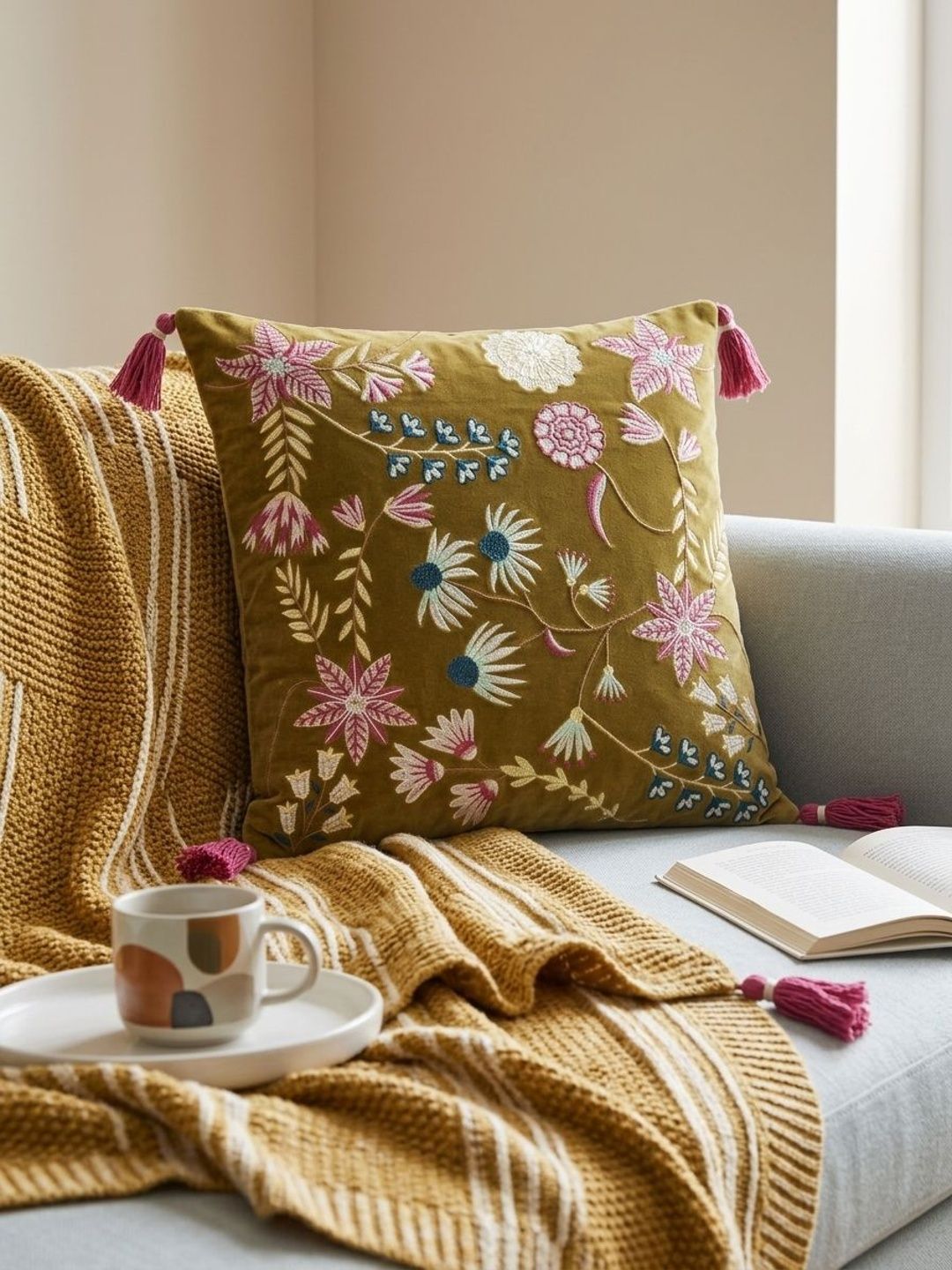 OLIVE HOME Green & Magenta Floral Velvet Blend Square Cushion Covers-image-1