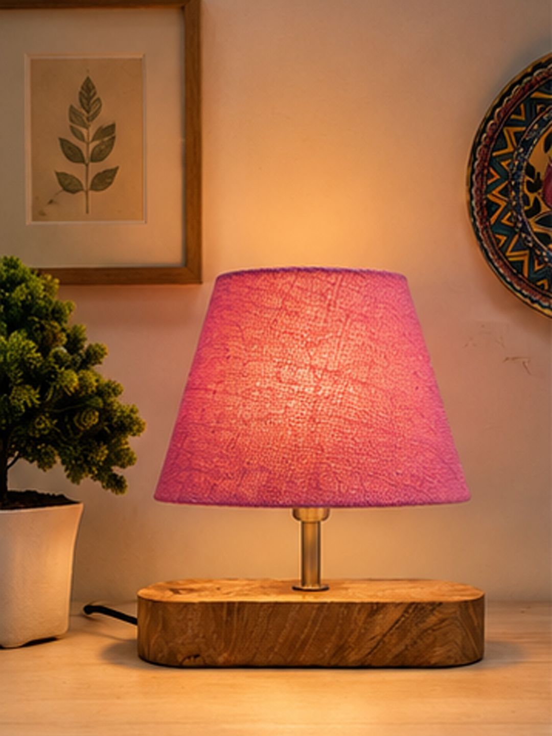 Myntra Elegant Homes Pink Textured Wood Contemporary Frusturical Shaped Table Lamp-image-38