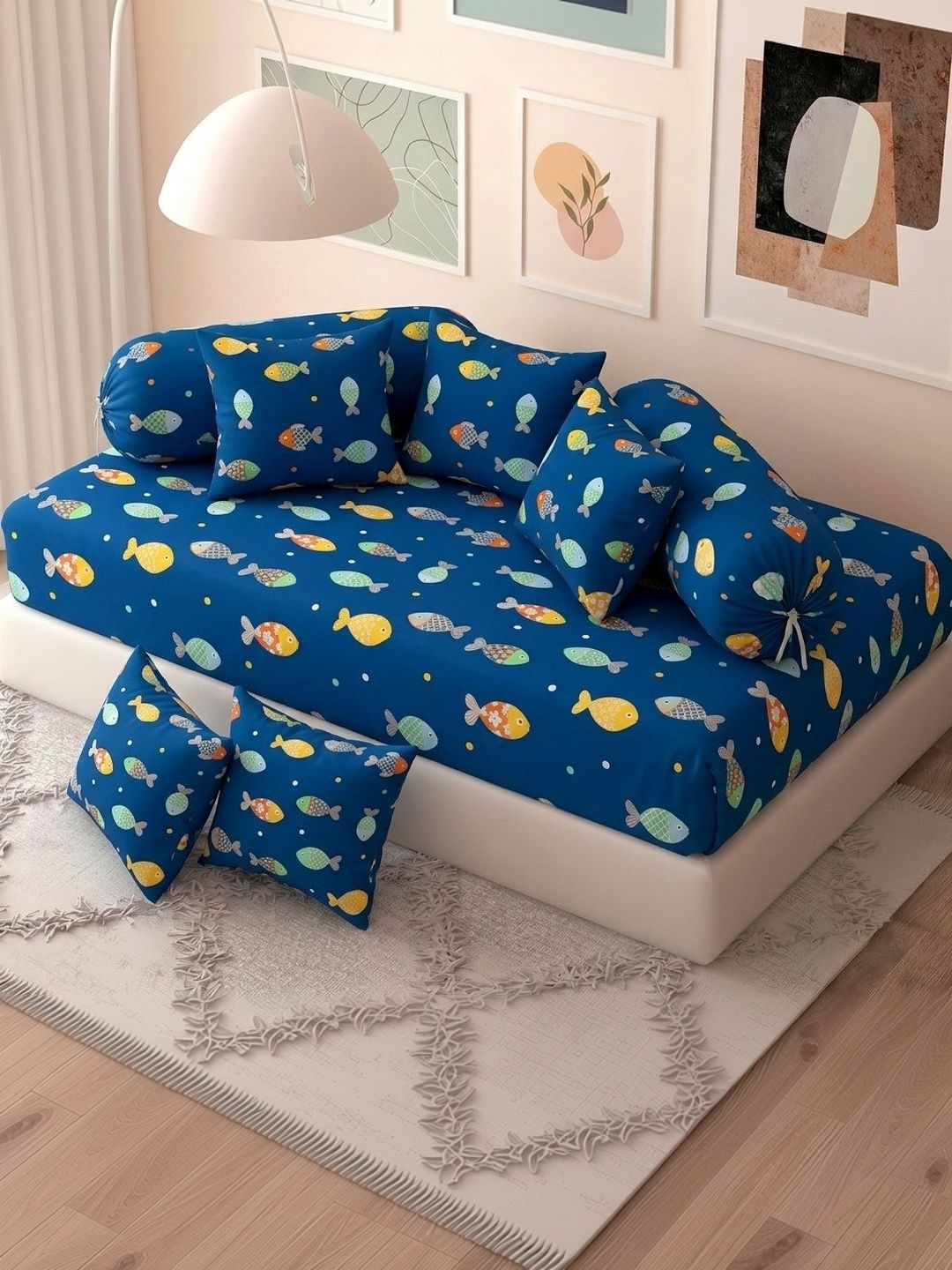 Filymore Set Of 8 Blue & Yellow Printed Diwan Set-picture-55