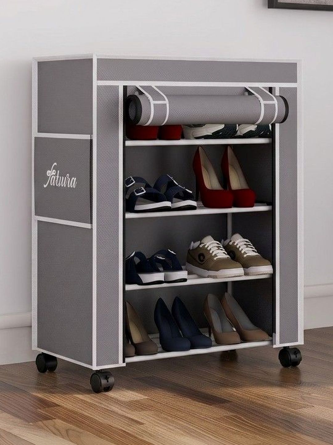 Fabura Premium Grey & White Printed 4-Layer Collapsible Shoe Stand With Wheels & Cover-image-46