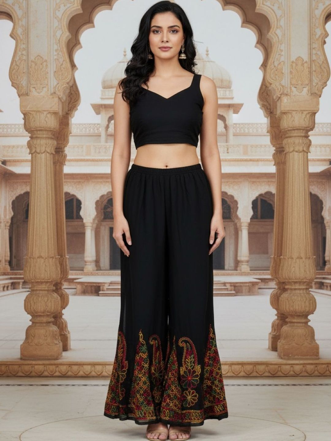 FashionChikan Art Women Ethnic Motifs Embroidered Flared Handloom Georgette Ethnic Palazzos-picture-46