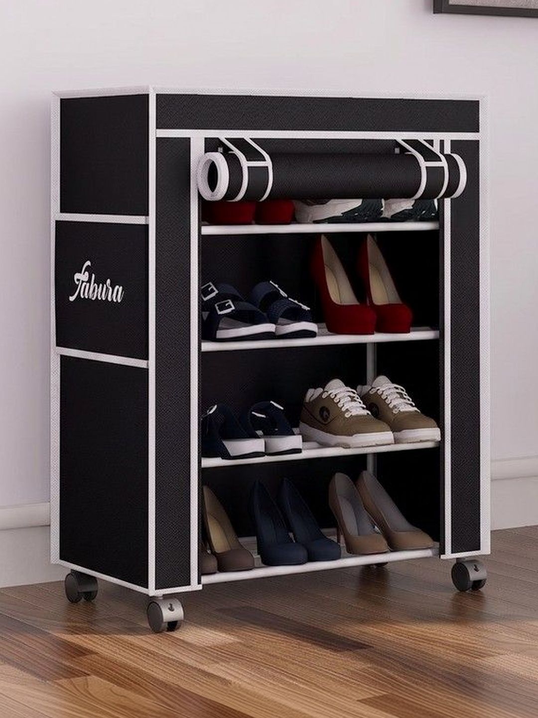 Fabura Premium Black & Blue Printed 4-Layer Collapsible Shoe Stand With Wheels & Cover-image-41