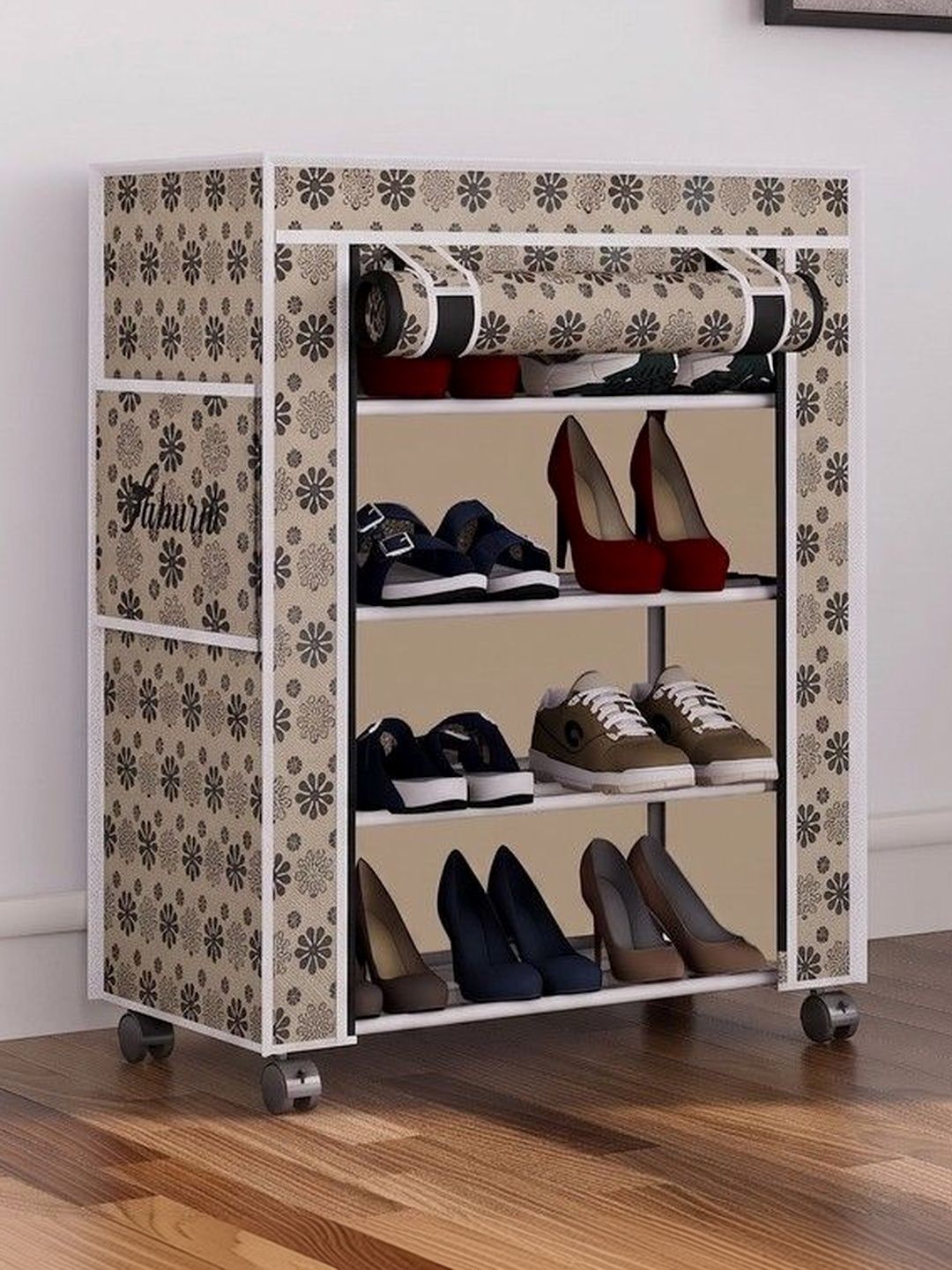 Fabura Premium Beige & Black Printed 4-Layer Collapsible Shoe Stand With Wheels & Cover-image-21