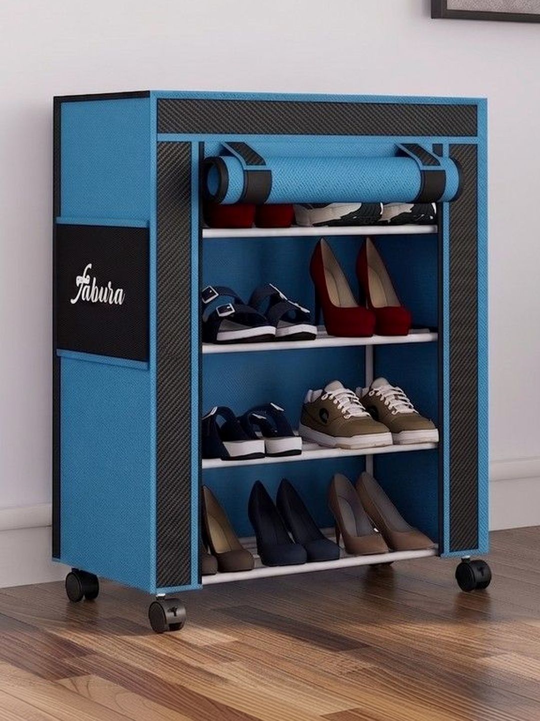 Fabura Premium Blue & Black Printed 4-Layer Collapsible Shoe Stand With Wheels & Cover-picture-13
