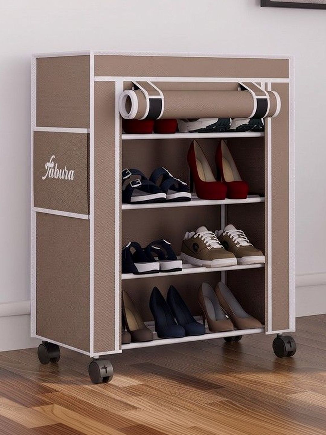 Fabura Premium Beige & White Printed 4-Layer Collapsible Shoe Stand With Wheels & Cover-image-22