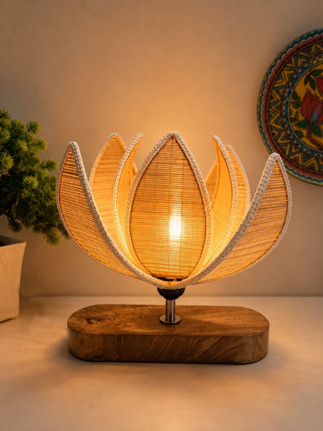 Myntra Elegant Homes Beige Textured Wood Contemporary Abstract Shaped Table Lamp-picture-39