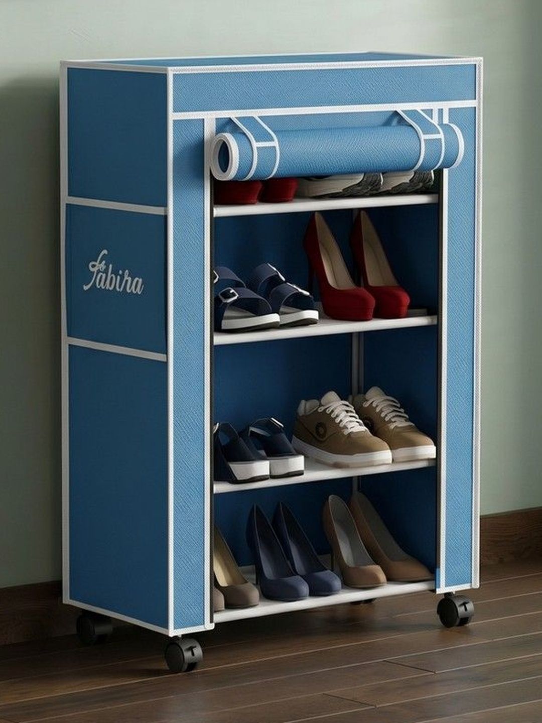 Fabura Premium Blue & White Printed 4-Layer Collapsible Shoe Stand With Wheels & Cover-image-37