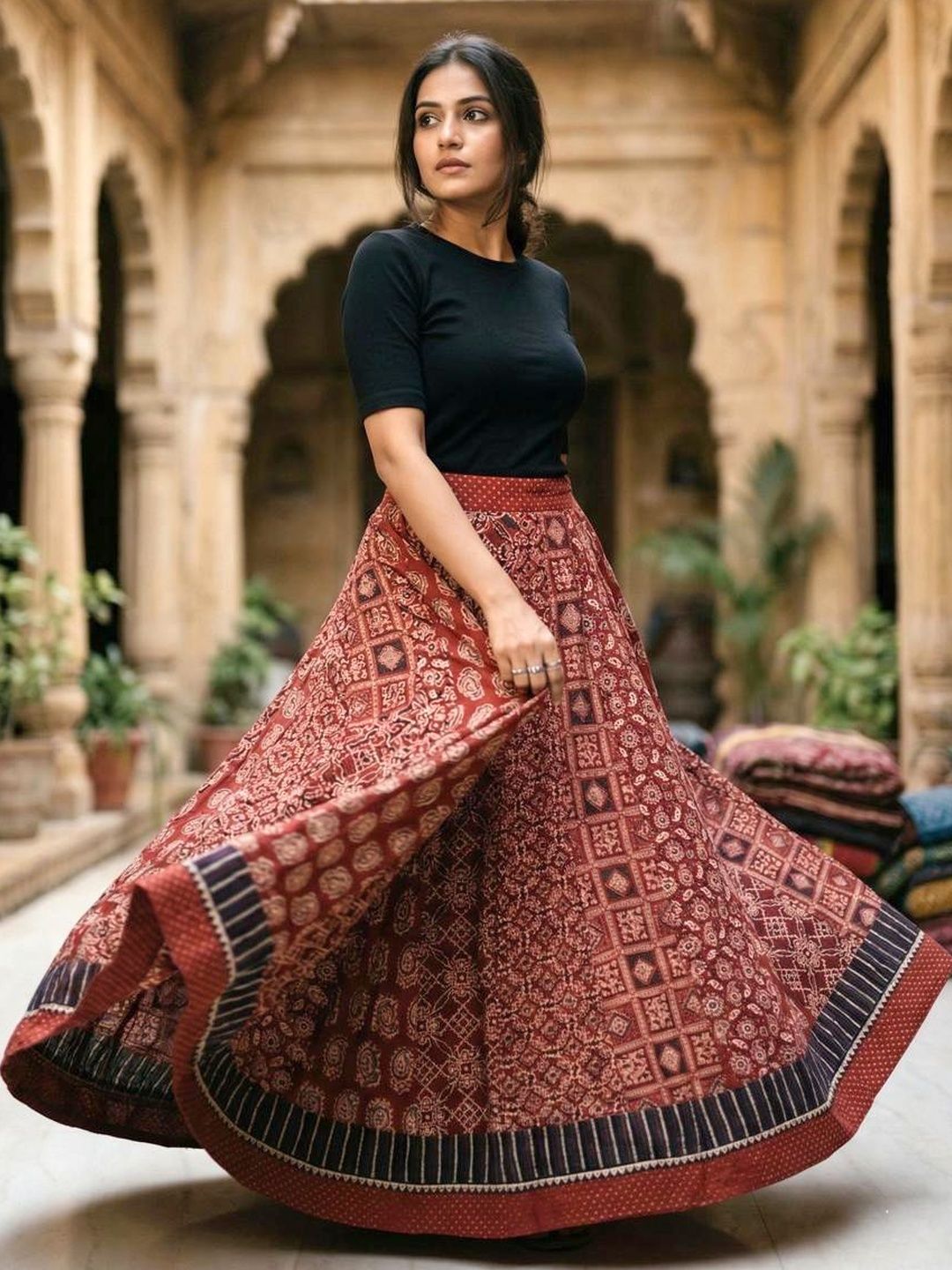 Maruti Tex Women Organic Cotton Geometric Block Print Maxi Flared Skirt-image-38