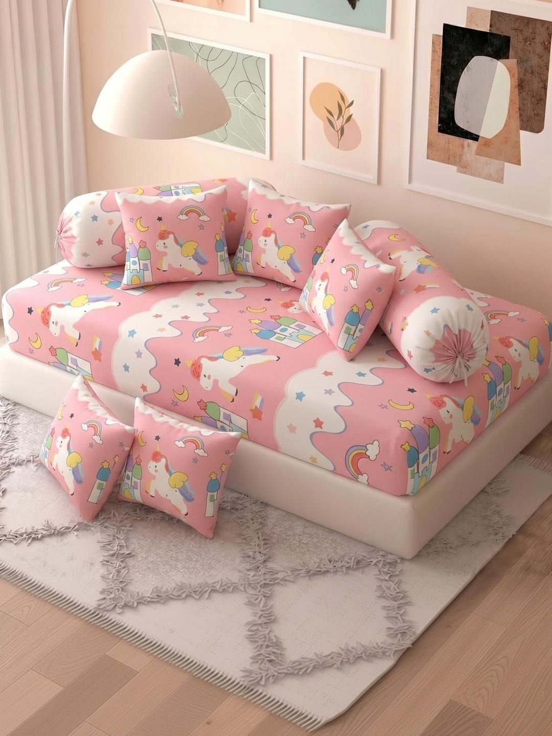 Filymore Set Of 8 White & Pink Printed Diwan Set-image-26