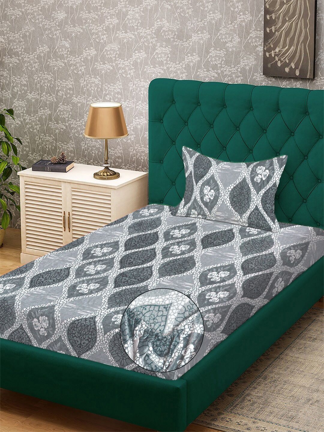 Myntra Elegant Homes Grey Geometric 300 TC Single Bedsheet with 1 Pillow Covers-picture-52
