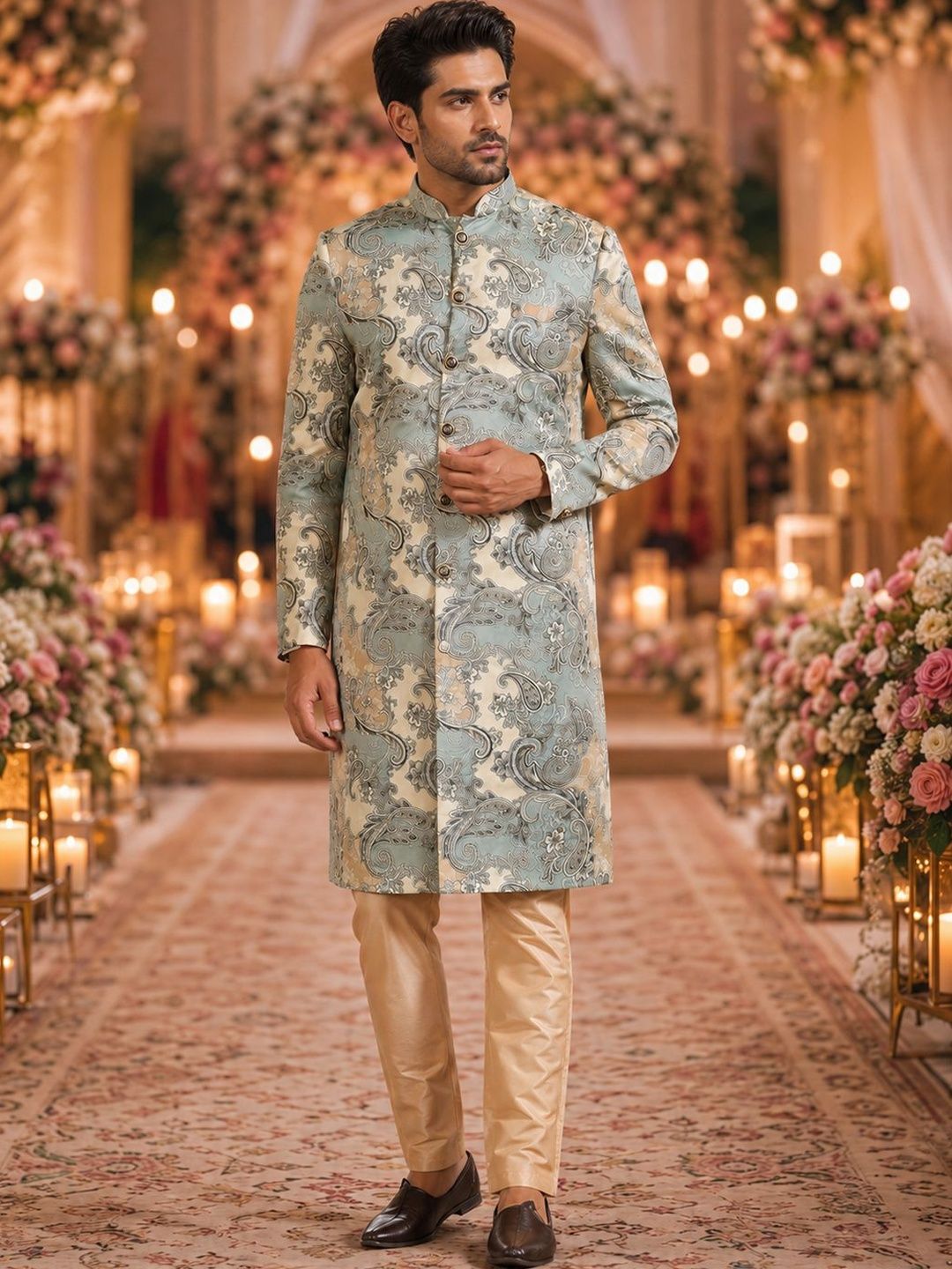SOURAGYA Printed Mandarin Collar Sherwani-image-42