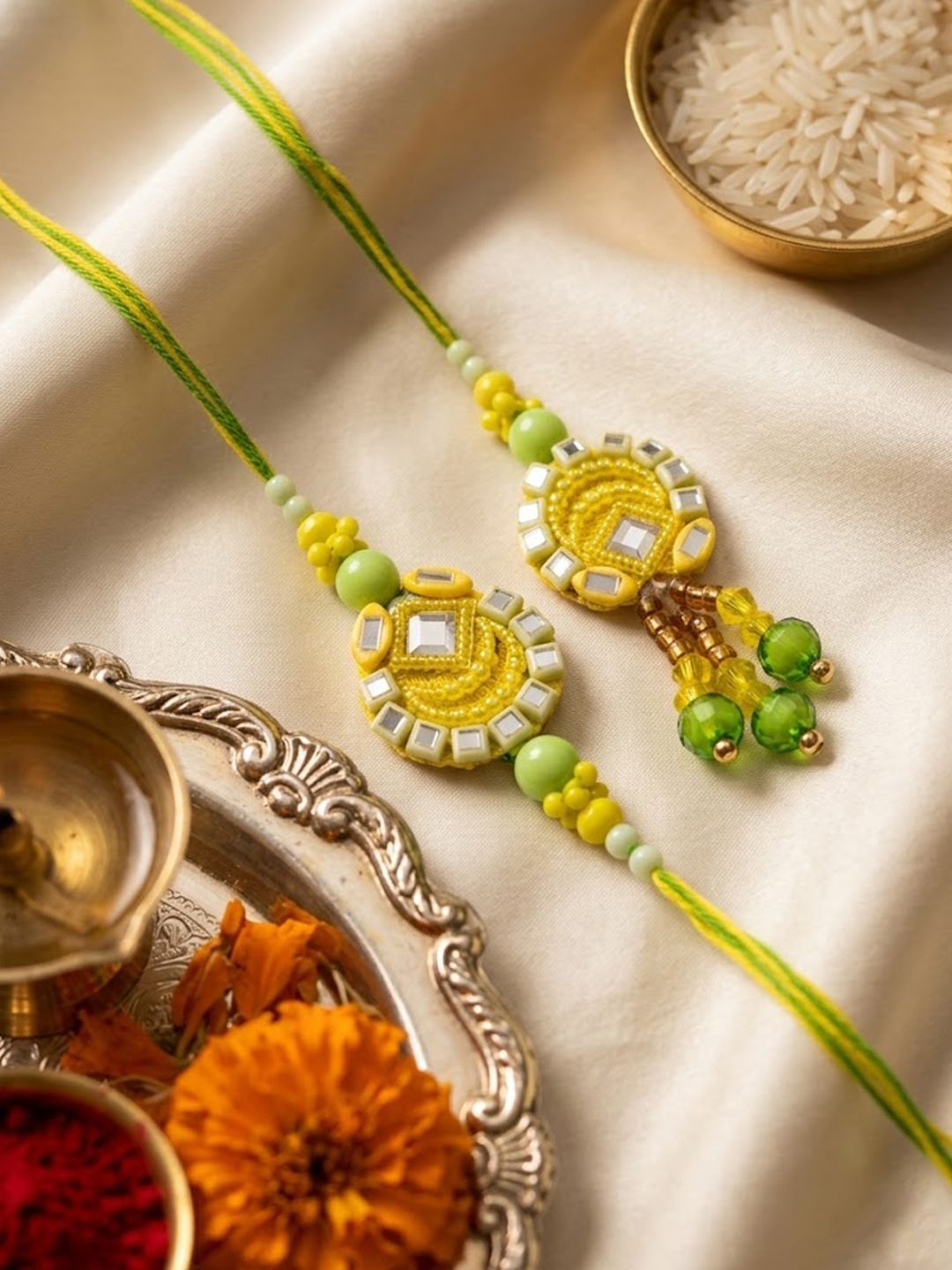 NVR Set Of 2 Artificial Beads Mirror Work Bhaiya Bhabhi Rakhi With Roli Chawal Chandan-picture-24