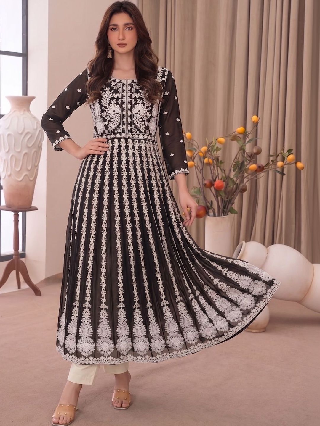 Aaghnya Ethnic Motifs Embroidered Chikankari Chikankari Angrakha Anarkali Kurti-image-46