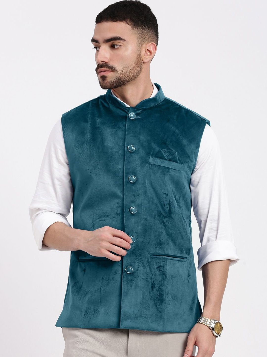 SHOWOFFFF Velvet Mandarin Collar Nehru Jacket-picture-25