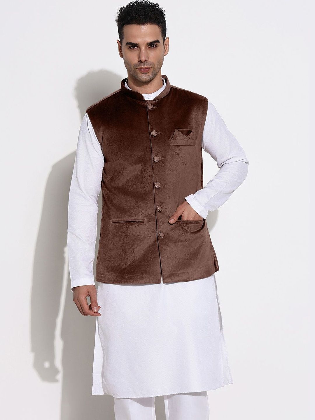 SHOWOFFFF Velvet Mandarin Collar Nehru Jacket-picture-11