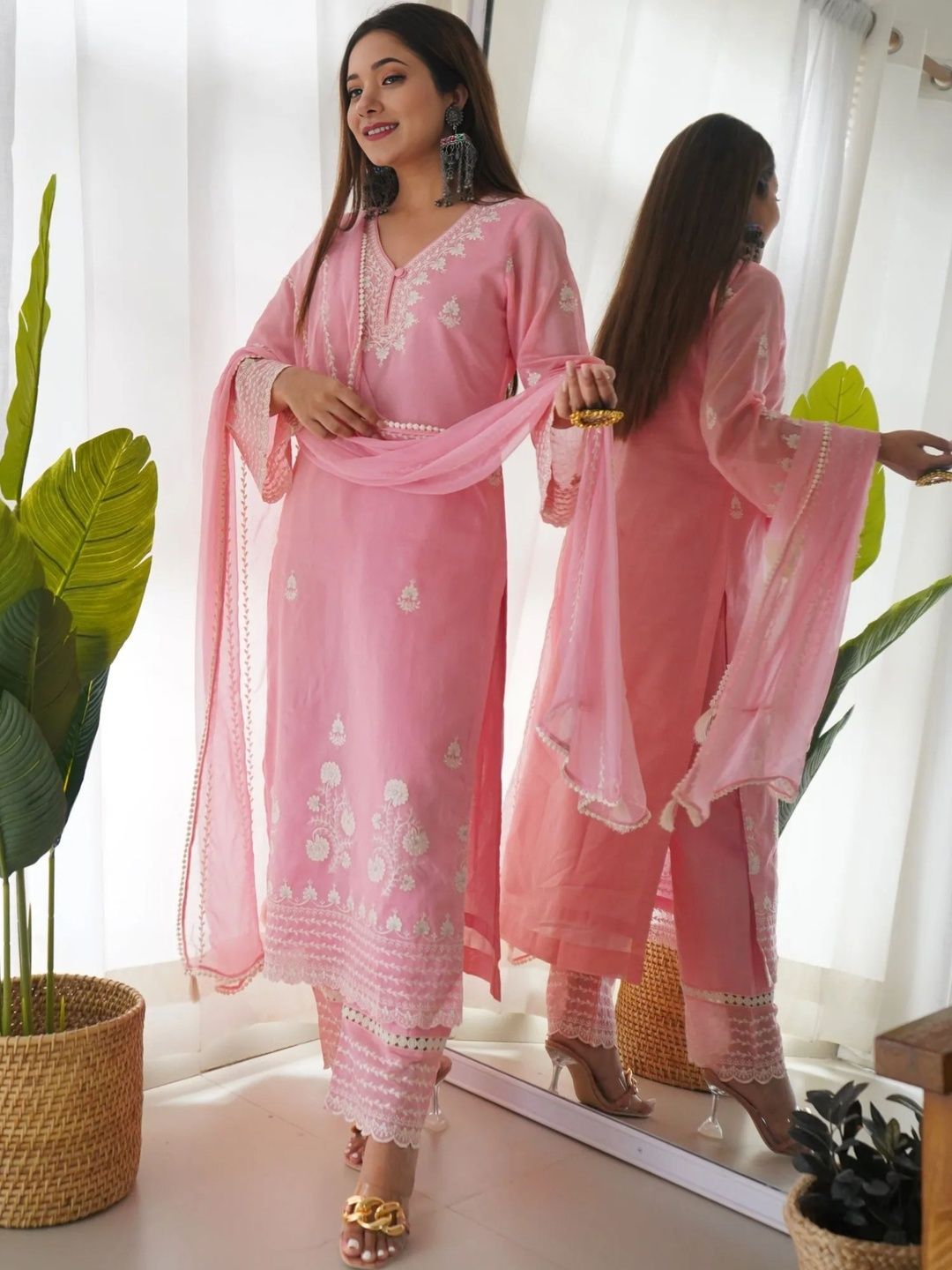 Royal Export Women Ethnic Motifs Embroidered Regular Thread Work Chanderi Silk Kurta with Trousers & With-picture-14