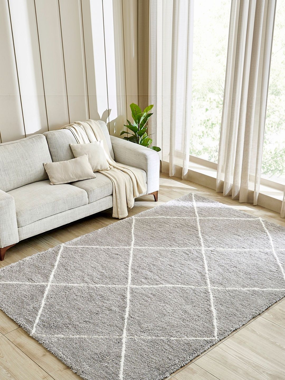 Home Centre Silver-Toned Geometric Shaggy Polyester Carpet-picture-19