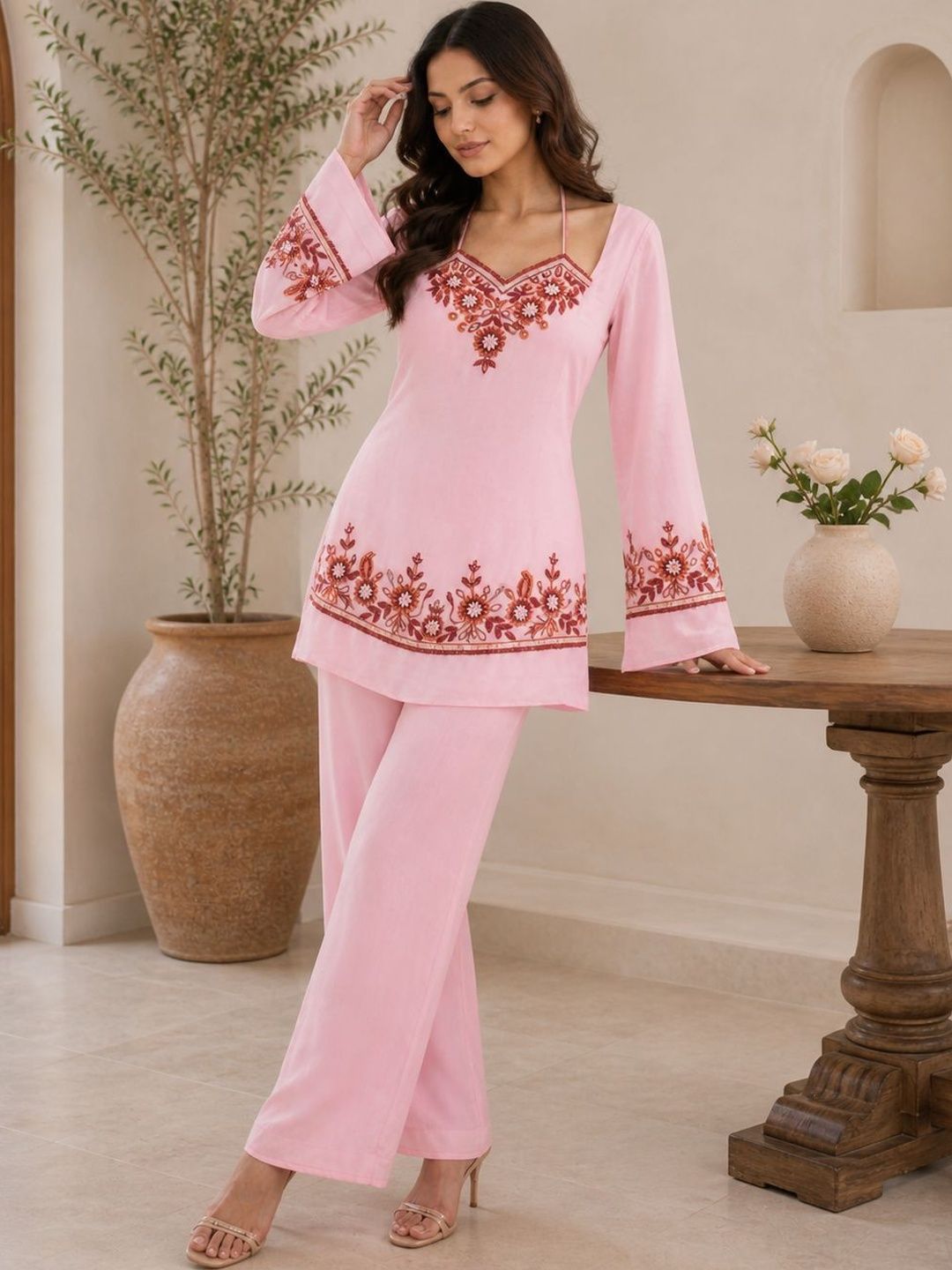 HERE&NOW Women Ethnic Motifs Embroidered Regular Thread Work Kurta with Trousers-picture-31