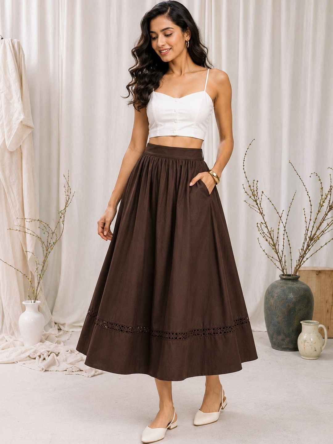 AASK Women Pure Cotton Cambric Schiffli Midi A-Line Skirt-picture-26