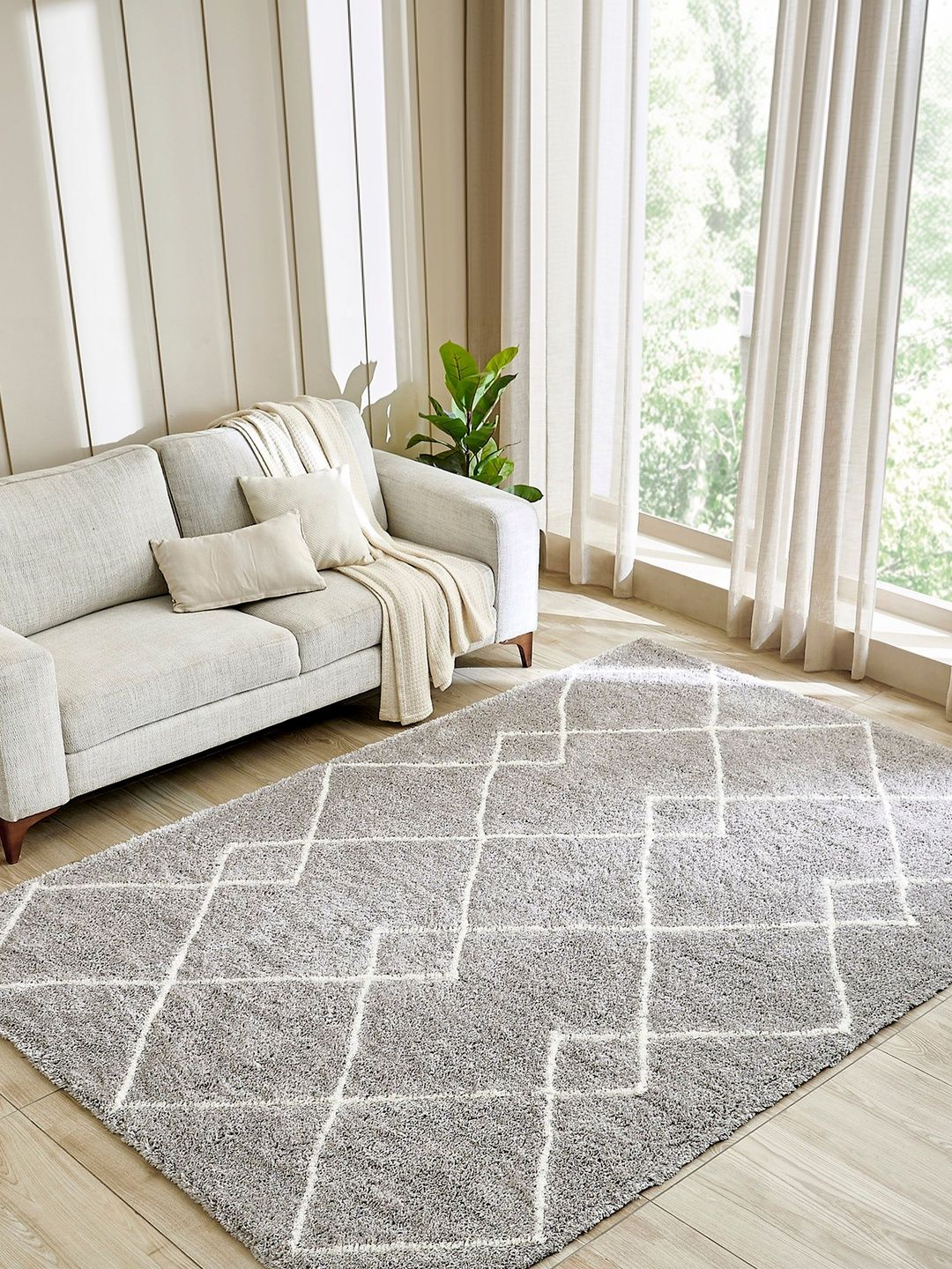Home Centre Silver-Toned Geometric Shaggy Polyester Carpet-image-45