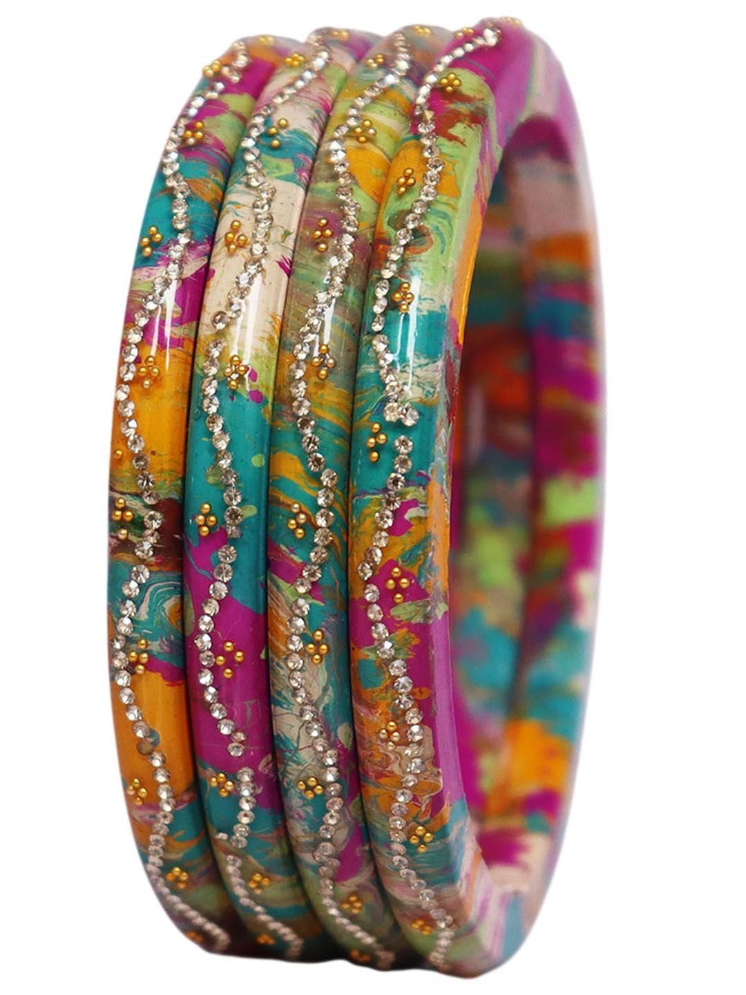 TAJ BRIDAL STORE Set of 4 Stone Studded & Beaded Bangles-image-48