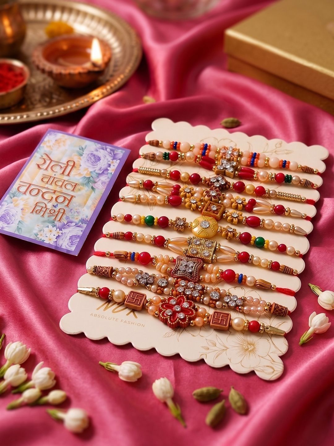 NVR Set Of 10 Multicolor Designer Thread Rakhi With Roli Chawal Chandan Mishri-picture-44