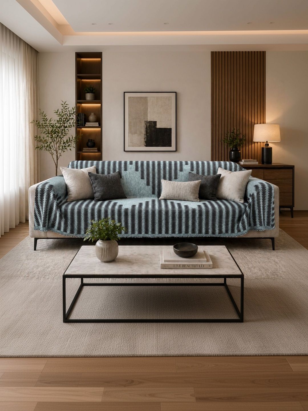 Maya Homes Blue Printed Sofa Cover With Arms-image-36