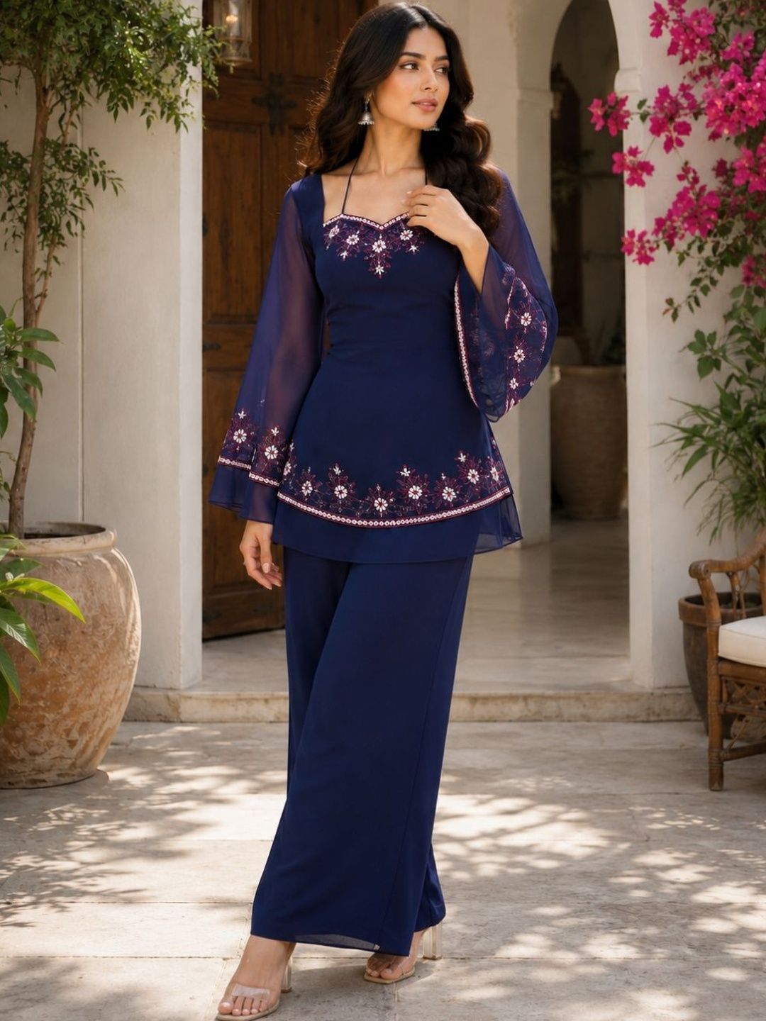 TWINS LADY Floral Embroidered Thread Work Sweetheart Neck Kurta With Palazzos-picture-11