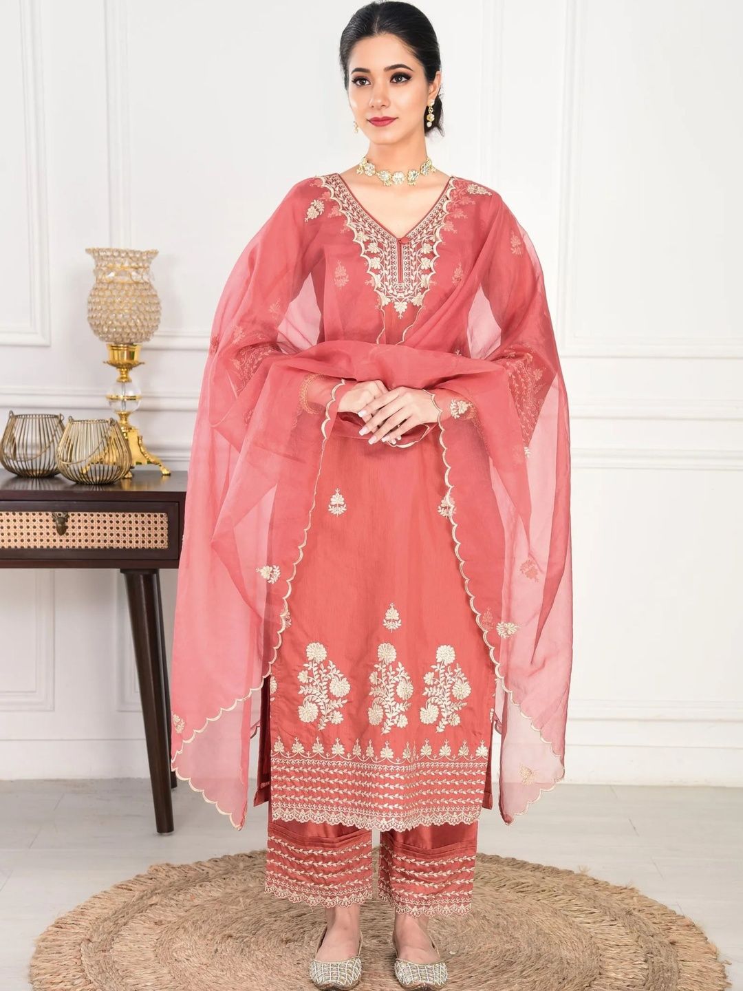 Royal Export Women Ethnic Motifs Embroidered Regular Thread Work Chanderi Silk Kurta with Palazzos & With-picture-11