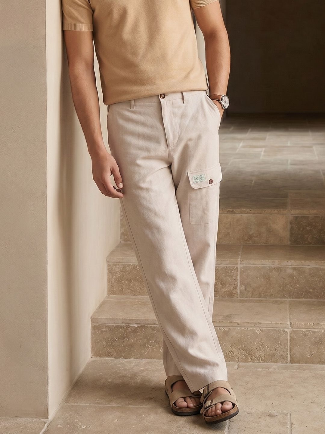 Mr Bowerbird Men Relaxed Fit Cotton Linen Cargos Trousers-image-7