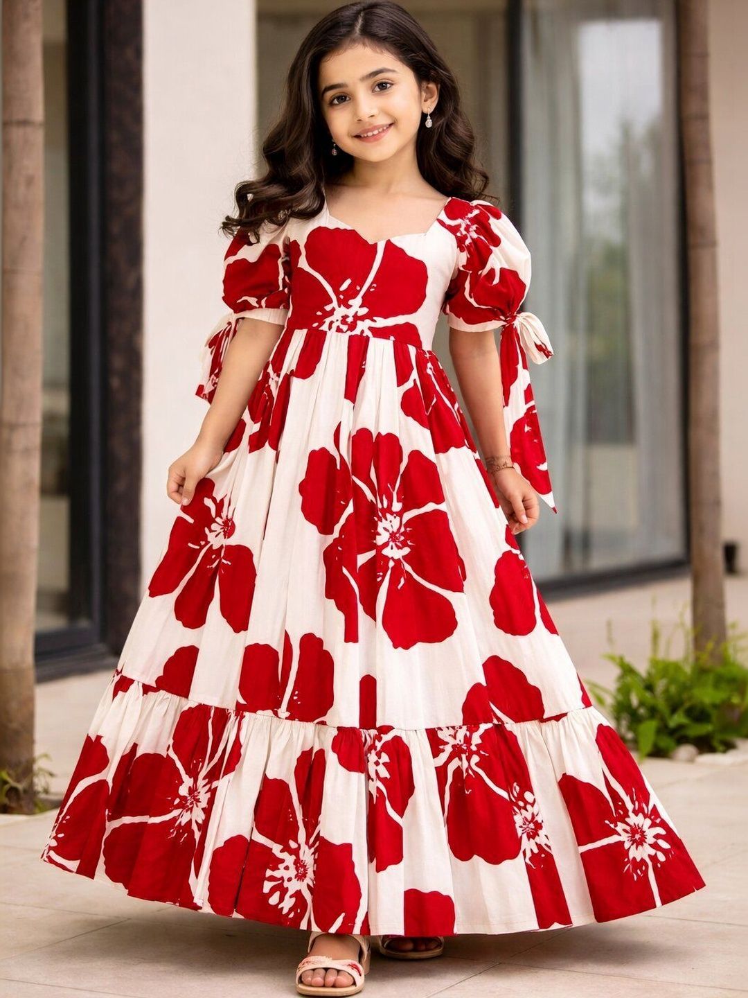 VADLI FASHION VADLI FASHION Floral Print Puff Sleeve Ruffled A-Line Maxi Dress