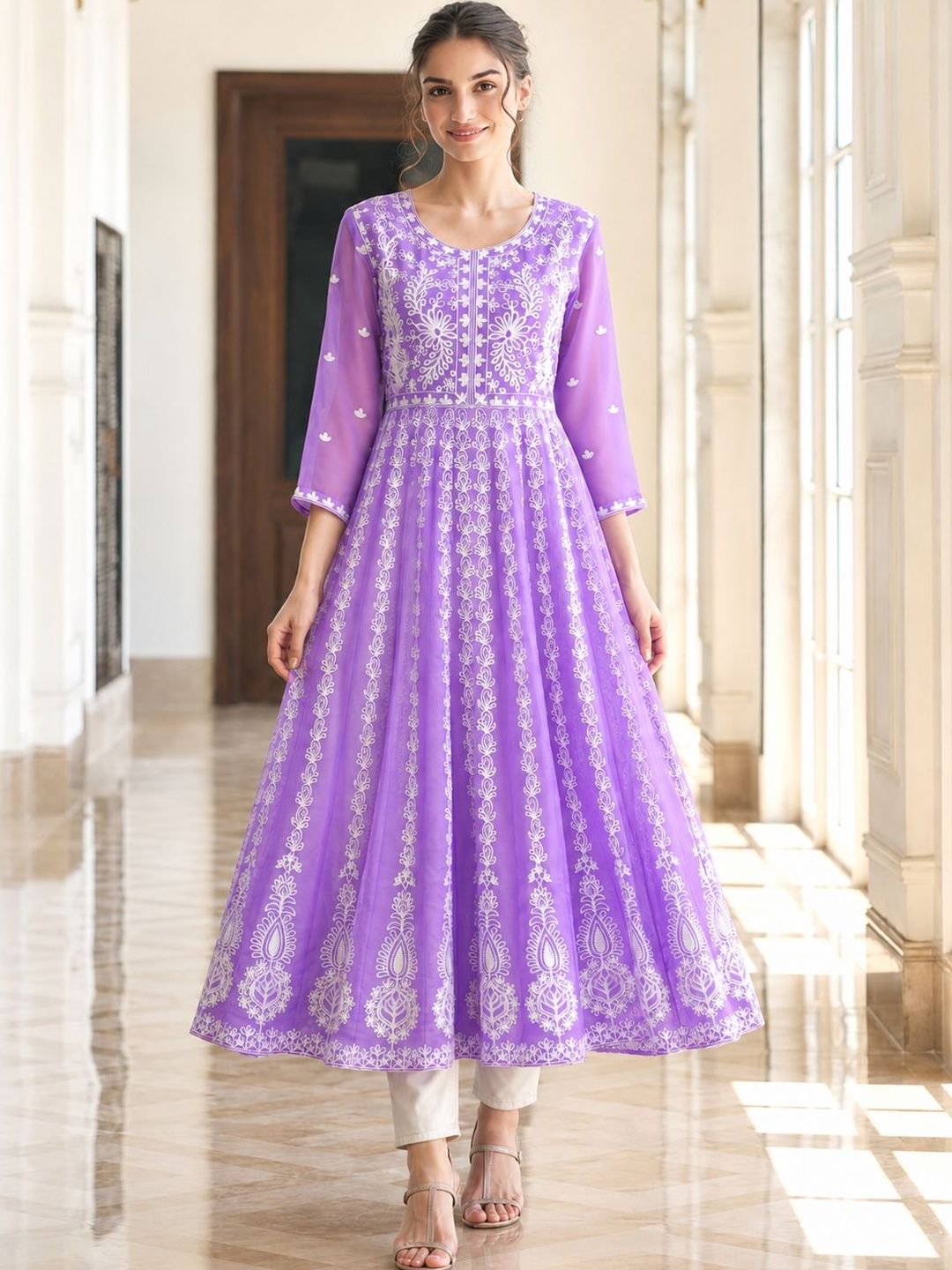 Aaghnya Ethnic Motifs Embroidered Chikankari Chikankari Anarkali Kurti-image-45