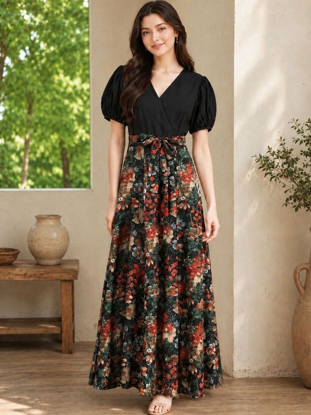 Moda Rapido Floral Print Puff Sleeve Crepe A-Line Maxi Dress-picture-44