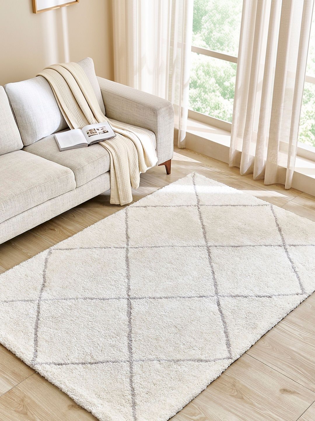 Home Centre Off White Geometric Shaggy Polyester Carpet-picture-33