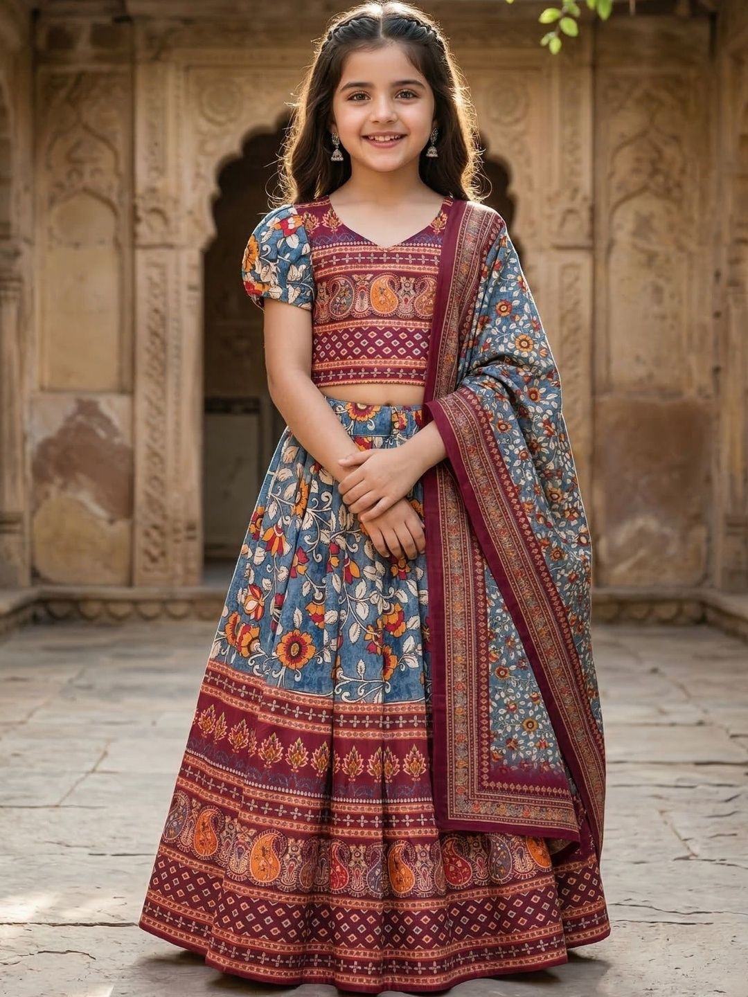 KALINI Girls Printed Block Print Ready to Wear Lehenga & Blouse With Dupatta-picture-46