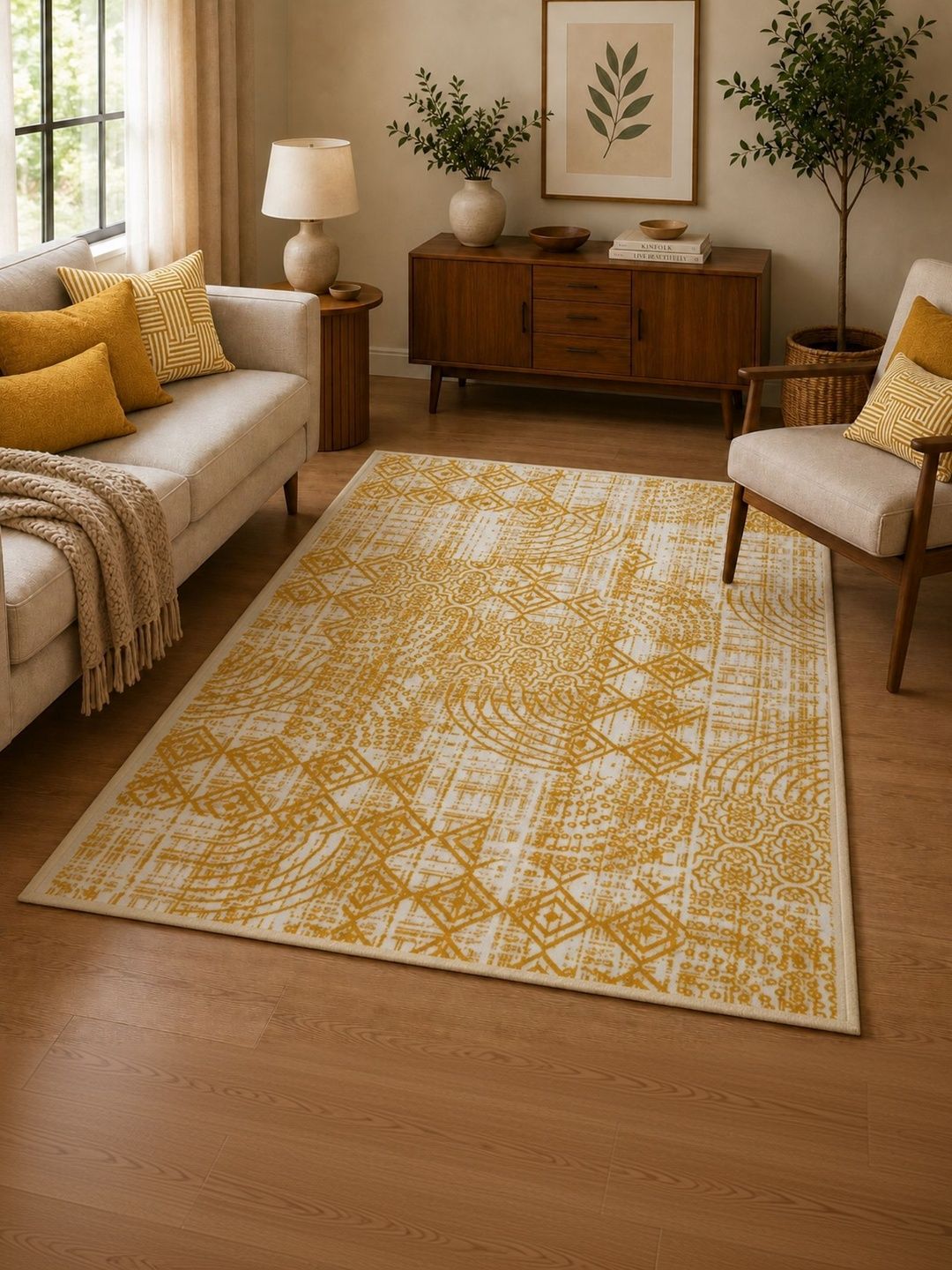 DECOVIA Beige Ethnic Motifs Nylon Carpet-image-16